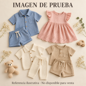 Imagen de prueba generada: cuatro conjuntos infantiles ficticios en azul, rosa, crema y beige. No disponibles para venta.